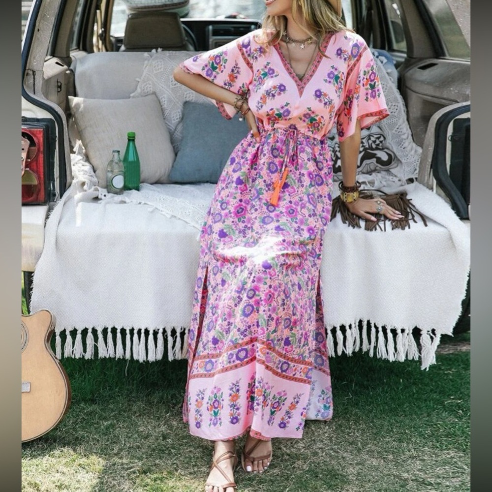 Boho floral print slit thigh drawstring waist maxi dress - Picture 6 of 6